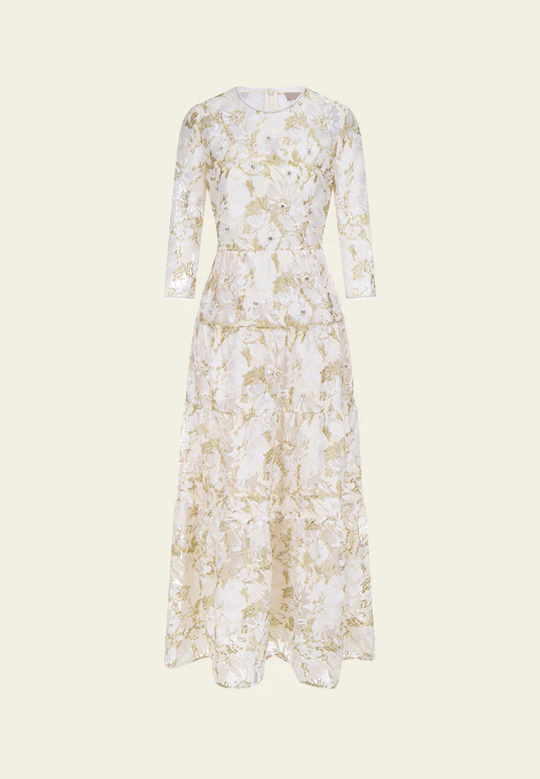 Embellished abstract pattern embroidered mesh dress