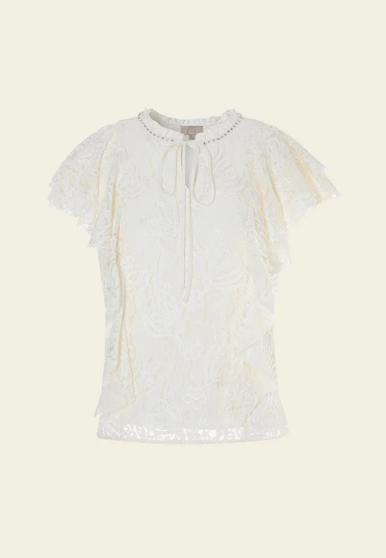 Tie-Tie Embellished Cap-Sleeve Lace Top