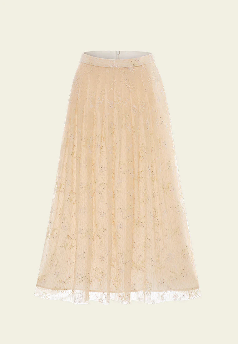 Ruffled Sequin Cross-Stitch Mesh Maxi Skirt