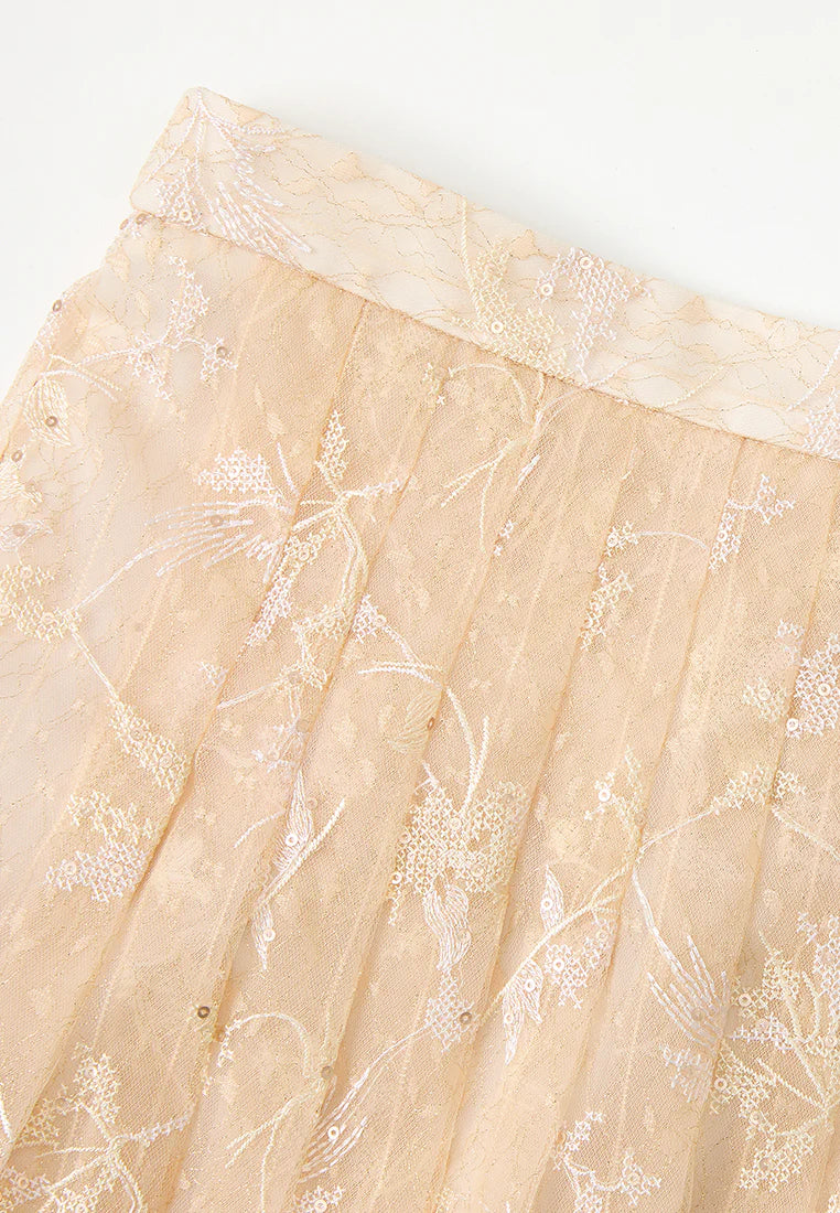 Ruffled Sequin Cross-Stitch Mesh Maxi Skirt