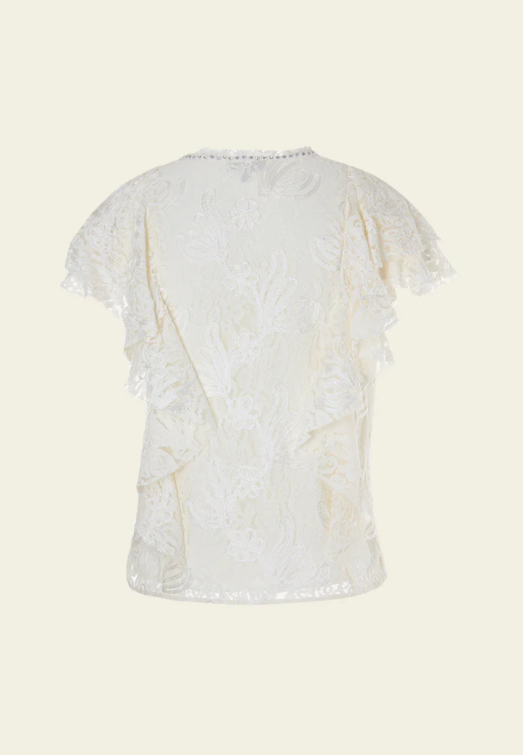 Tie-Tie Embellished Cap-Sleeve Lace Top