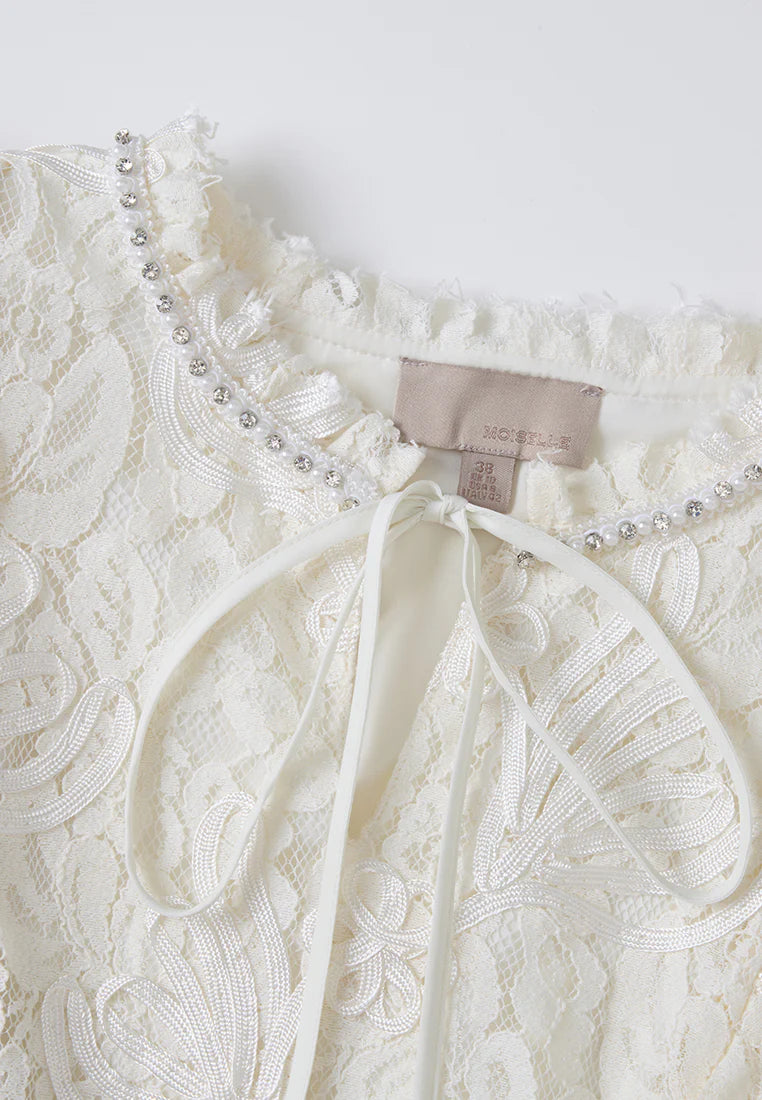 Tie-Tie Embellished Cap-Sleeve Lace Top